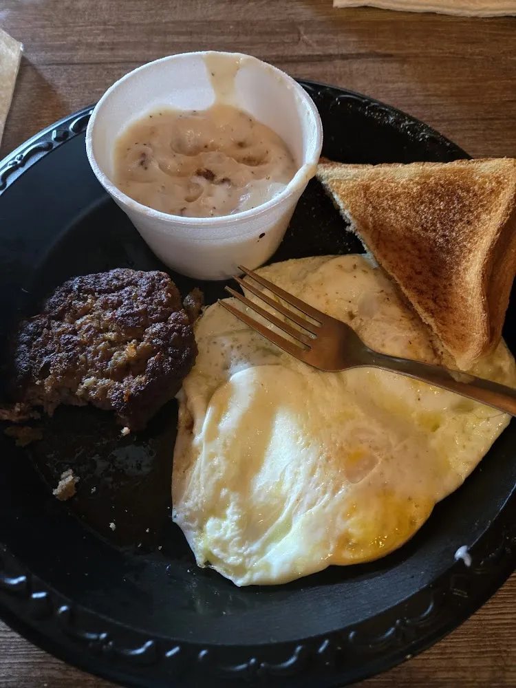 Two Eggs Gravy Sausage Patties Toast